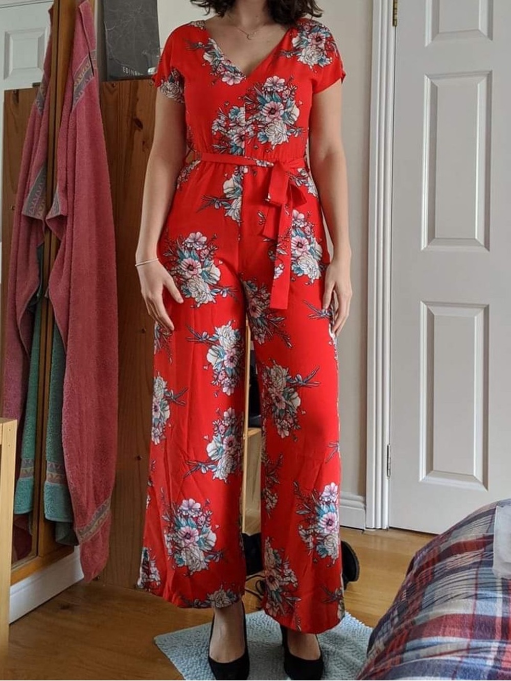 ASOS Red Floral V-Neck Jumpsuit with Tie Waist